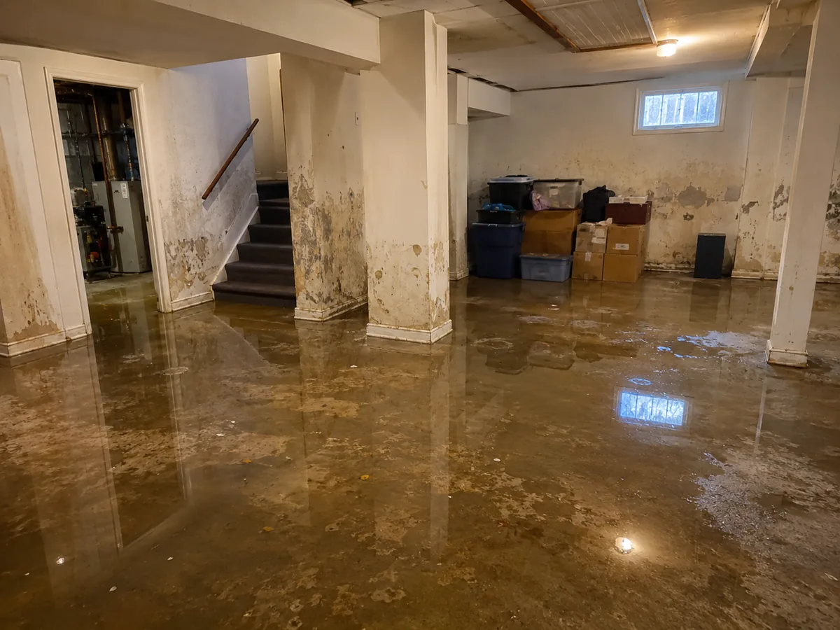 Flooded basement after exterior water intrusion