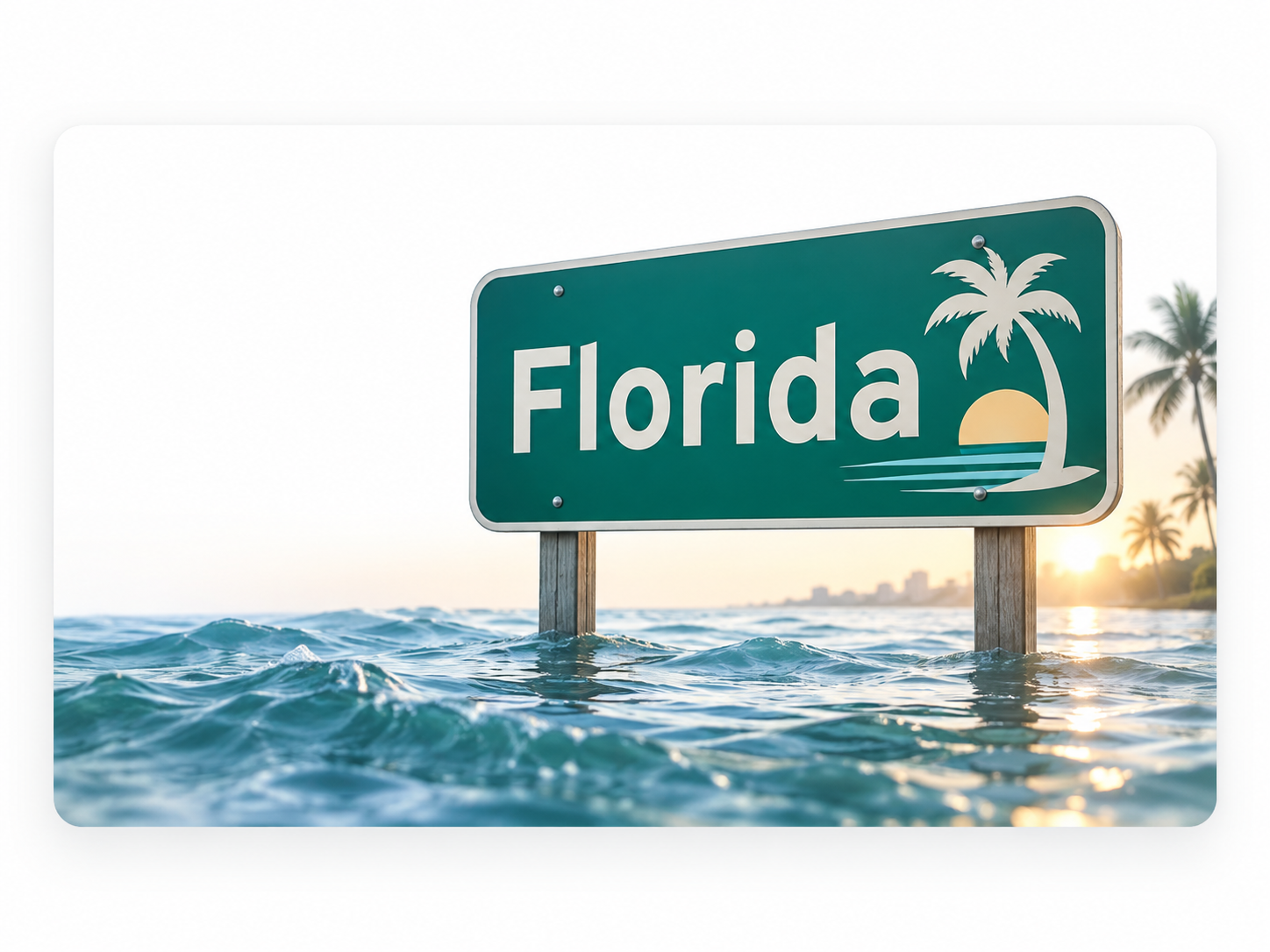 Flooded Florida road sign near tropical coastal water