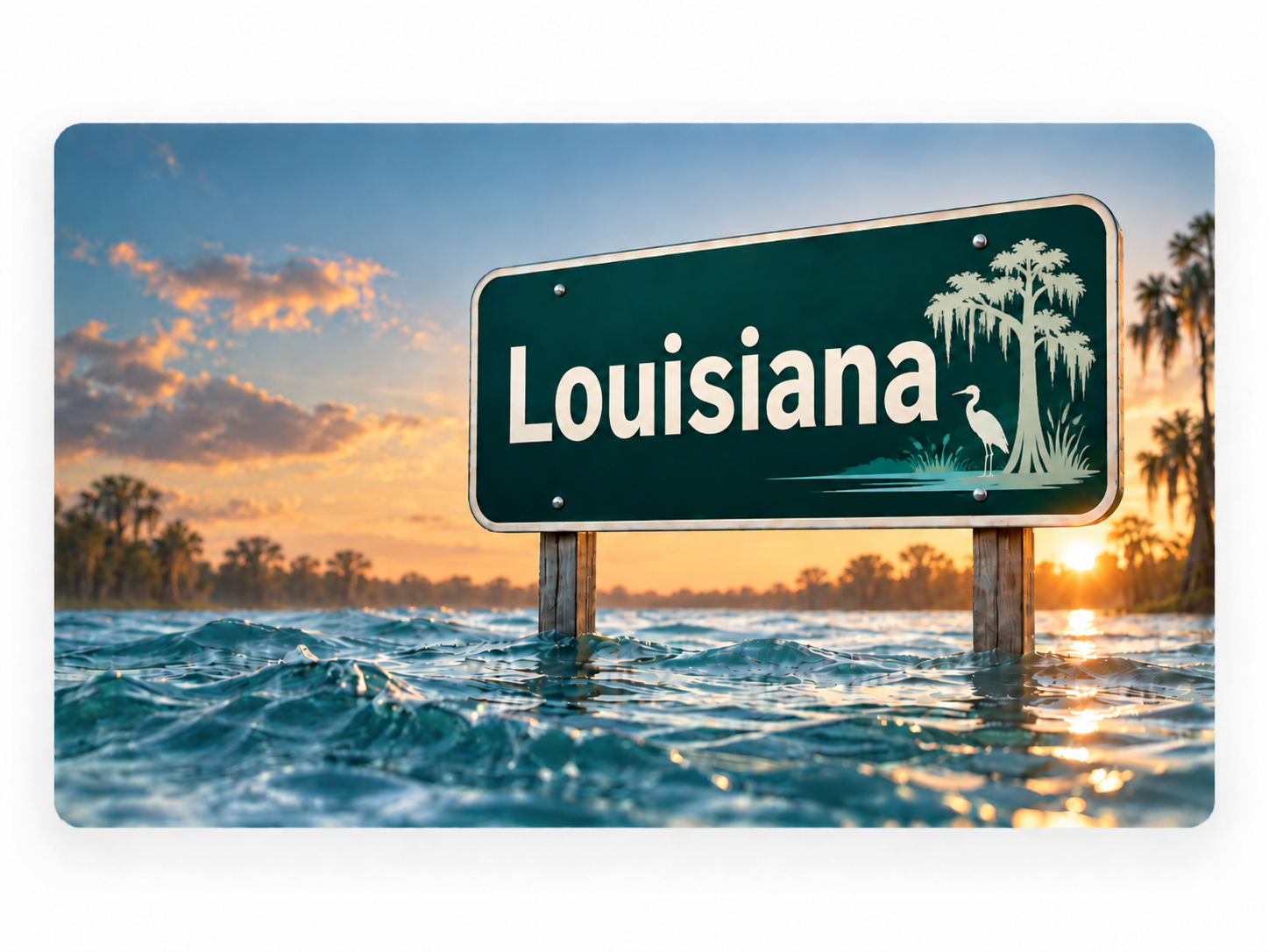 Louisiana roadside sign beside calm floodwater