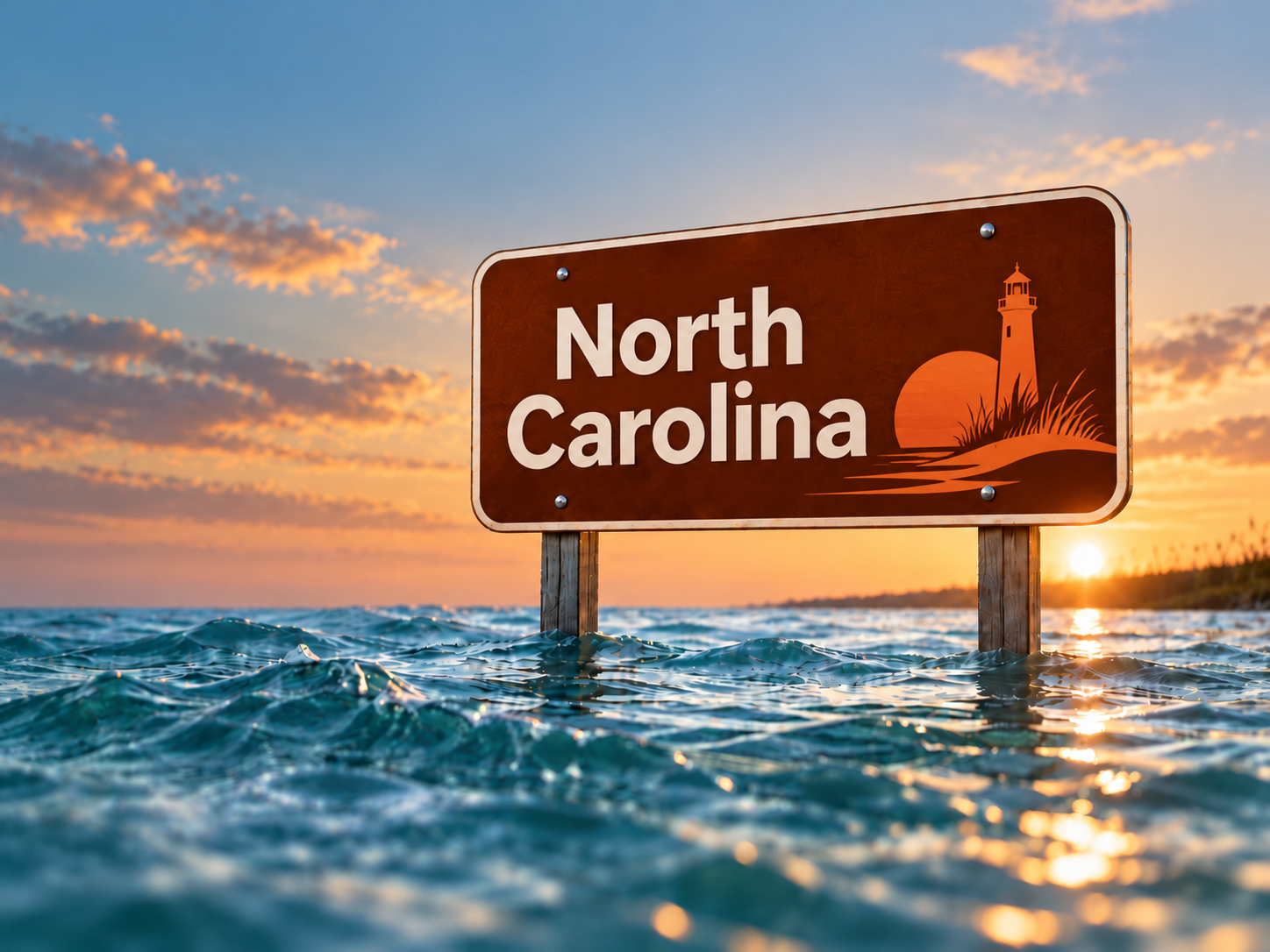 North Carolina roadside sign beside calm floodwater