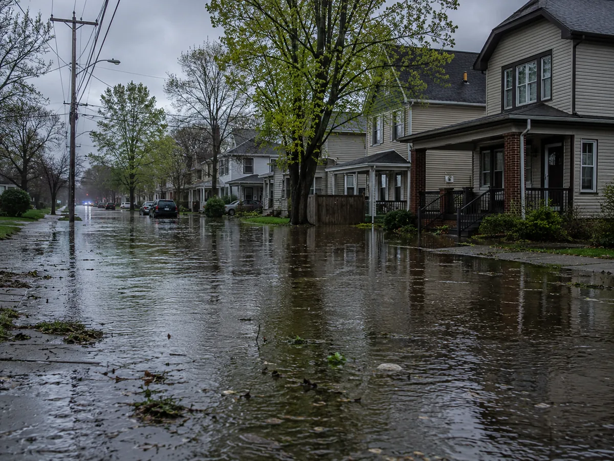 Flooded residential street after severe storm rainfall