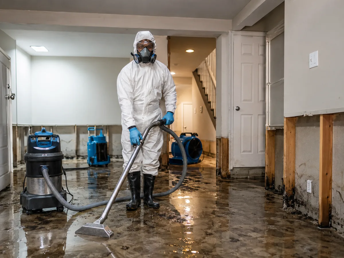 Professional in protective equipment addressing a sewage backup cleanup situation