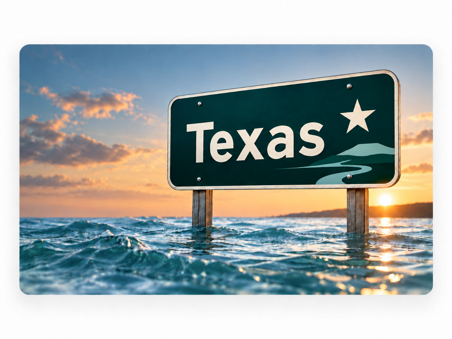 Texas roadside sign above calm floodwater